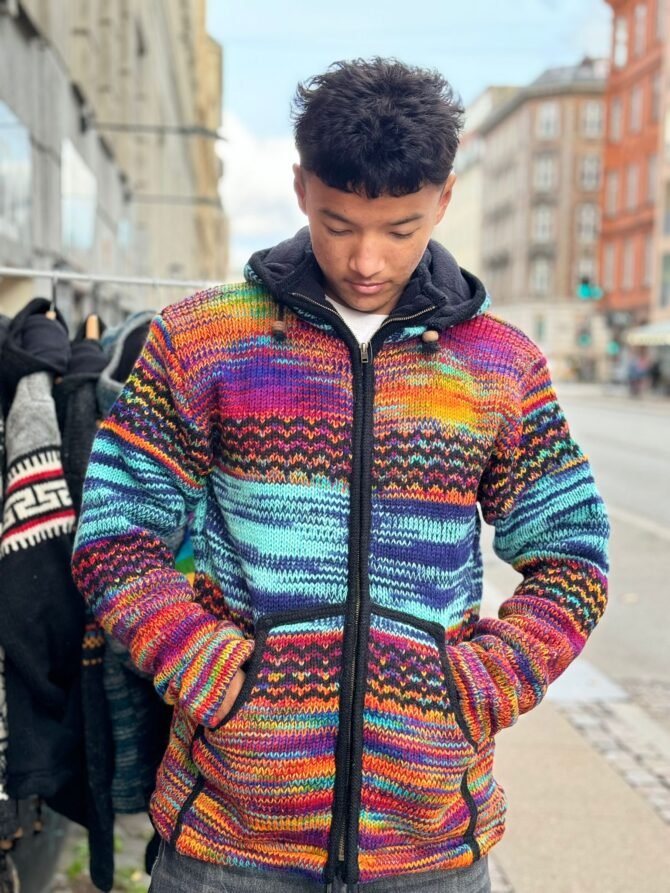 Handmade Multi-Color Woolen Jacket – Vibrant Nepali Artisan Hoodie - Image 2